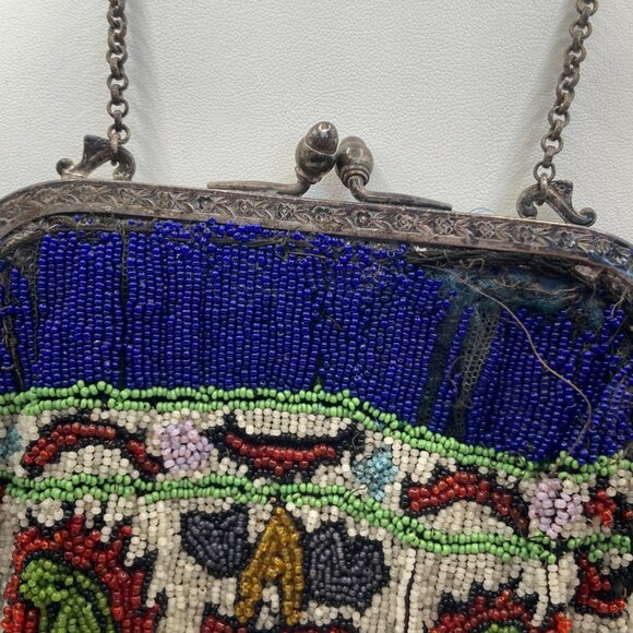 Antique Hand Beaded Bag/Purse wit Silver Frame Boho Grannycore Art Deco Reticule - Picture 7 of 8